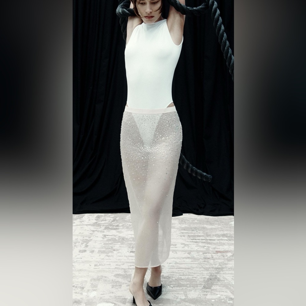 Zara limited edition sheer silk rhinestone midi skirt size small brand n…